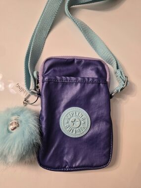Kipling Purple and Light Mint Crossbody Phone Bag, Adjustable Strap.